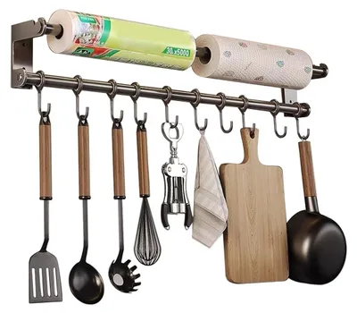 Image de Range-ustensiles de cuisine - Barre à crochets de 60 cm - Sans perçage - 10 crochets mobiles - Gris