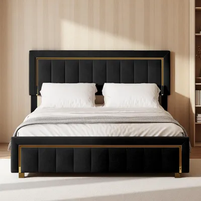 Image de INONEFT, lit rembourré 160x200 avec espace de rangement, lit double avec coffre à lattes relevable hydraulique et repose-tête réglable, lit pour adolescents, en velours, sans matelas, couleur noire