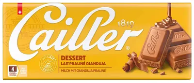 Produktbild von Cailler Dessert, Milchschokolade, 100 g, 376 kJ, 90 kcal, 5,8 g, 7,9 g