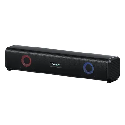 A black soundbar speaker with red and blue LED lights on a white background.