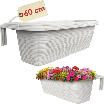 A collage showing two views of a white rattan-look balcony planter. The top image shows the planter empty with a tag indicating '60 cm'. The bottom image shows the planter filled with colorful flowers.