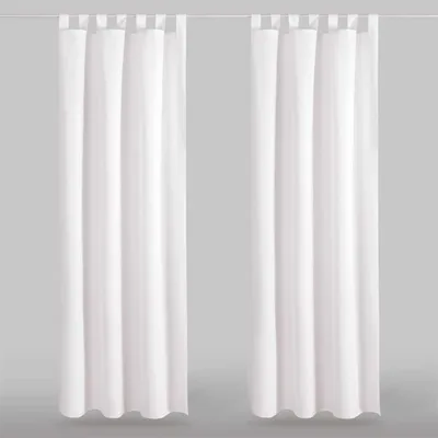 Two white curtains hanging from a rod against a plain gray background.