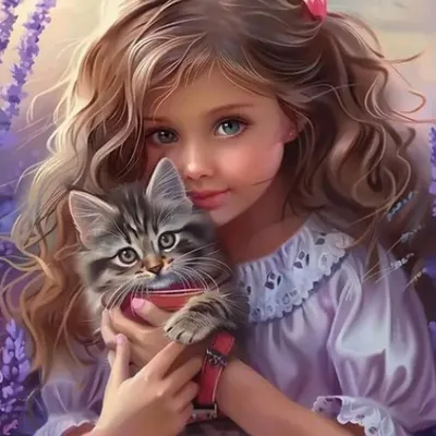 Imagen del producto de Mosaico de diamantes, pequeña niña con un gato, 30x40 cm. Creativo kit de diamantes