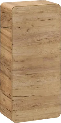 A close-up, studio shot of a tall, narrow cabinet with a wood-grain finish.