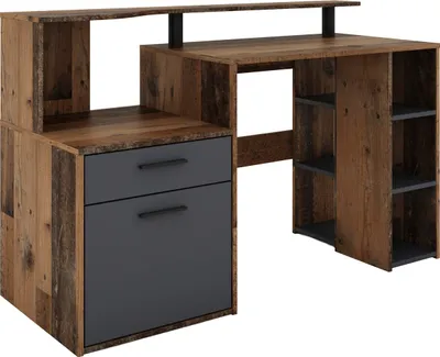 Produktbild von byLIVING Schreibtisch LOUIS / in Old-Wood-Optik (Altholz) und anthrazit / viel Stauraum  1 Tür, 1 Schublade & 3 offene Fächer / Homeoffice / Arbeitstisch / Bürotisch / B 140, H 89, T 55 cm