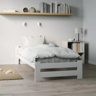 Produktbild von Holzbett 100x200 cm mit Lattenrost Modern Bett Bed Kiefer Massiv Bettgestell Einzelbett Massivholzbett Klassisch | Komfortabel & Langlebig | Skandinavisch Boho Landhaus Kopfteil flach weiß
