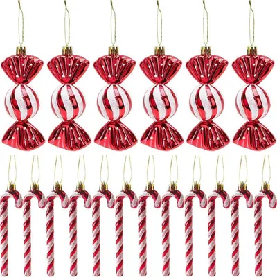 Produktbild von 18 Zuckerstangen Weihnachtsbaumschmuck Rot Weiß Glitzer Spirale Anhänger