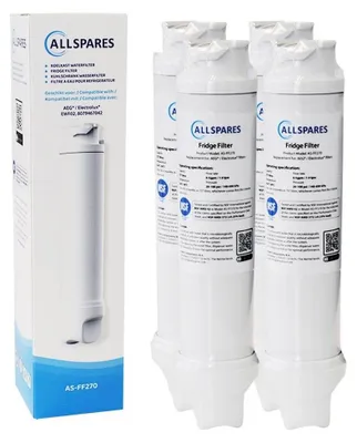 A product shot of a box containing a single water filter, and four individual water filters next to it.