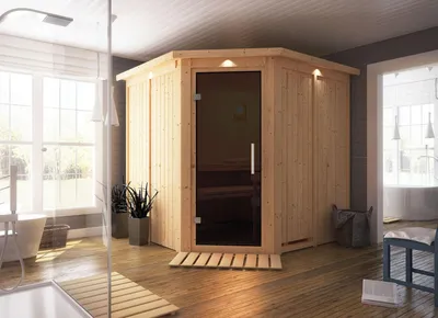 Productafbeelding van Karibu Sauna Jarin (Eckeinstieg), volledig glazen deur, grafietkleur, oven met geïntegreerde bediening, 9 kW