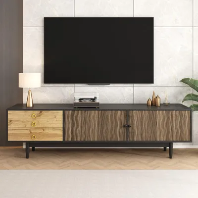 Zdjęcie produktu dla Szafka pod telewizor Fortuna Lai Szafka niska z drzwiczkami w kształcie fali wodnej i trzema szufladami - Nowoczesny design w drewnianej i czarnej kolorystyce do salonu
