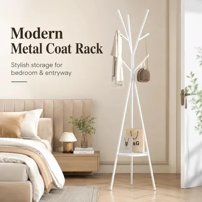 Obrázok produktu pre Stojan na oblečenie – stojací – výška 179 cm – kovová konštrukcia – odkladacia plocha – viacero háčikov – biela farba