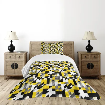 Obrázek produktu pro ABAKUHAUS Žlutá a bílá sada přehozů, geometrický vzor s trojúhelníky a motivem houndstooh, 170 x 220 cm, žlutá, šedá, černá