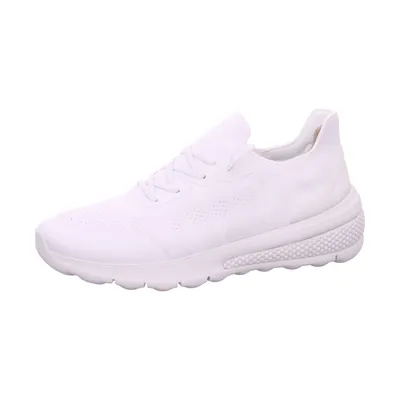 A white women's sneaker is shown from the side against a white background.