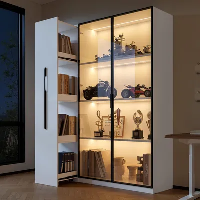 Produktbild von Multifunktionsschrank 110,5×35×160 cm, Vitrine mit Glastür & LED, Seitenauszug & Rollschrank, französischer Stil, Hochschrank für Bad, Esszimmer & Wohnzimmer