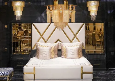 Immagine prodotto di Casa Padrino - Set di camere da letto crema / nero / oro - 1 letto matrimoniale con testiera a specchio e 2 comodini - Mobili per camere da letto - Mobili per camere da letto