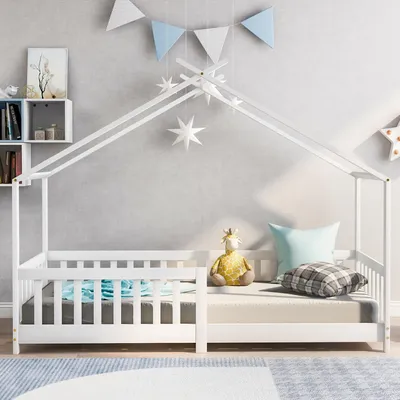 Obrázok produktu pre Merax domček posteľ 90x200cm s ochranou proti vypadnutiu a lamelovým roštom, detská posteľ pre dievčatá a chlapcov, chlapčenská posteľ detská posteľ z masívneho borovicového dreva, biela