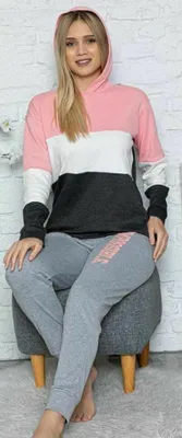 Produktbild von Damen Pyjama mit Kapuze Schlafanzug Lachsfarbe XL Lang 2-Teiler Set L-73