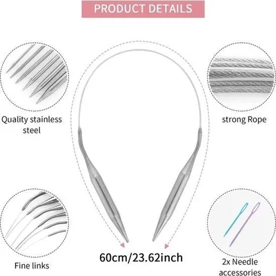 Immagine prodotto di Set di 6 ferri circolari in acciaio inossidabile, 60 cm, ferri da maglia in metallo a doppia punta per lavorare maglioni e sciarpe (diametro 2 mm, 3 mm, 4 mm, 5 mm, 6 mm, 8 mm)