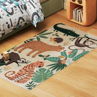 Produktbild von Fleece-Teppich mit Dschungel-Muster, pflegeleicht, Cremeweiß+Bunt, 150x80x1 cm, Mehrfarbig, Polyester