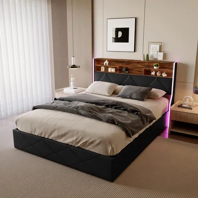 Immagine prodotto di Letto ProximaX con illuminazione a LED, letto imbottito idraulico 160x200cm, letto contenitore Struttura letto funzionale con vano contenitore e rete a doghe, testata con USB Type-C e vano contenitore, PU, nero