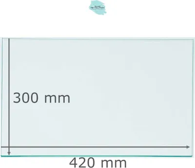 A clear glass shelf with dimensions indicated.