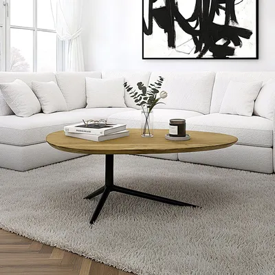 Zdjęcie produktu dla FineBuy Stolik kawowy z litego drewna akacjowego owalny 87 cm - Owalny stolik do salonu z czarną metalową ramą - Nowoczesny stolik rozkładany wykonany ręcznie