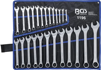 A set of wrenches laid out in a tool roll.