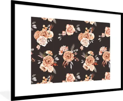 Produktbild von MuchoWow® Gerahmtes Poster Blumen - Schwarz - Muster 90x60 cm - Poster mit Schwarzem Bilderrahmen Wandposter Rahmen Foto Bilder - Wanddekoration - Fotos