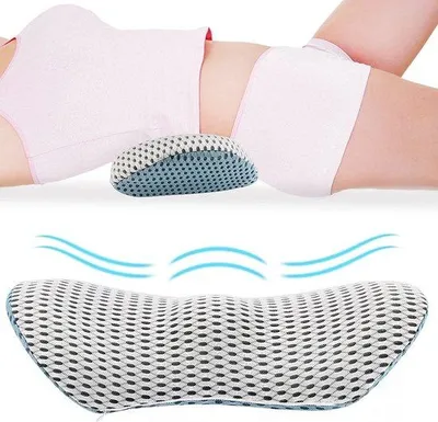 Imagen del producto de Almohada ortopédica para la zona lumbar Unyqoos®, fabricada con espuma viscoelástica (385 g), funda transpirable y desmontable de malla 3D, soporte lateral para dormir de lado y boca arriba, color azul y gris