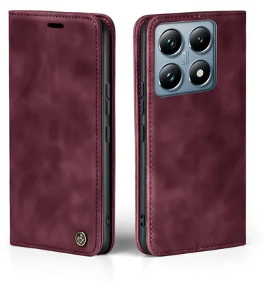 A burgundy flip case for a smartphone is shown from two angles.
