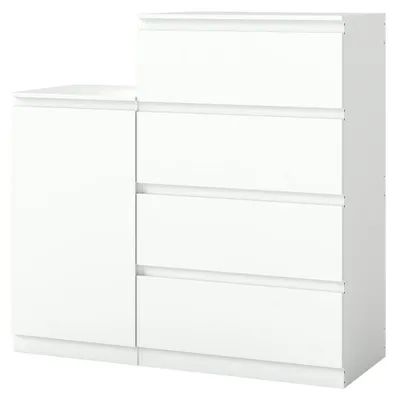Image de Commode blanche avec 4 tiroirs et meuble d'appoint avec porte, ensemble de meubles design, en bois, dimensions : 60x40x98 cm et 40x40x75 cm