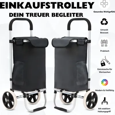 Two shopping trolleys are shown side-by-side against a white background, with text and icons highlighting product features.