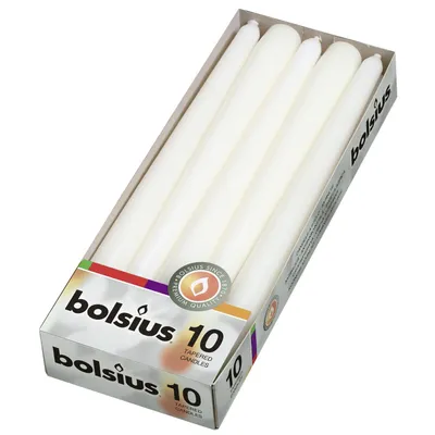 Zdjęcie produktu dla Świece szpiczaste, białe, BOLSIUS, 24/245 mm, czas palenia ok. 7,5 h, 10 sztuk w opakowaniu