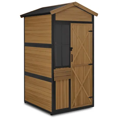 Produktbild von M MCombo Gartenschrank Holz Metgallgestell mit 3 Ablagen, Geräteschuppen Wetterfest, Gartenhaus Outdoor Wasserdicht, für Außenbereich, 2750 (Natur)