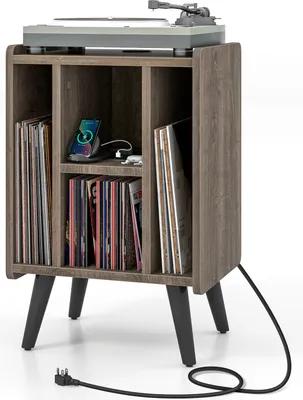 Image de COSTWAY Support pour platine vinyle, support pour disque vinyle avec 4 étagères ouvertes, prise électrique et port de chargement USB