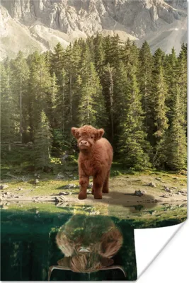 Produktbild von MuchoWow® Poster Schottisches Hochlandrind - Kalb - Bäume 60x90 cm - Wanddekoration