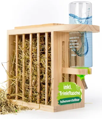 Productafbeelding van Hooiruif voor konijnen en knaagdieren - met drinkfles 500 ml - in hoogte verstelbaar - onbehandeld grenenhout