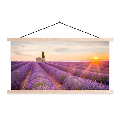 Produktbild von MuchoWow® Textilposter Lavendel - Sonnenuntergang - Blumen - Lila 60x30 cm mit holzfarbenen Rahmen - Dekoration