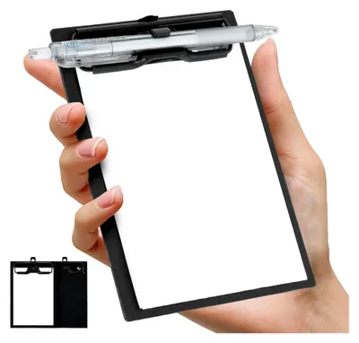 Produktbild von Klemmbrett A6 Mini, 2 Stück Kunststoff Klemmbretter mit Papierklemme, Klemmmappe mit Stiftehalter, Zwischenablage zur Aufbewahrung von Papier für Büro, Restaurant, Schule, Schwarz