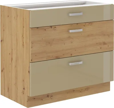 Produktbild von Küchen Unterschrank 80 Eiche Artisan Cappuccino Hochglanz Vollauszug Soft-Close