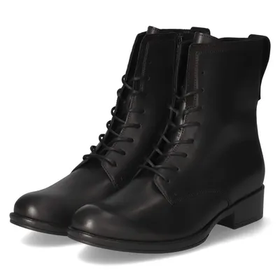 A pair of black lace-up boots on a white background.
