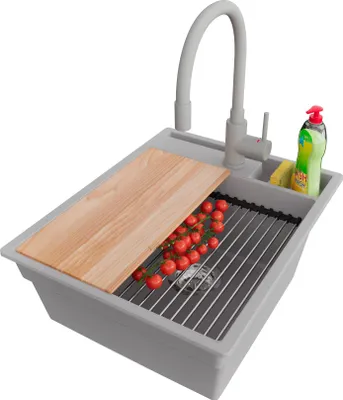 Produktbild von PRIMAGRAN Granitspüle Grau 43x53cm, Spülbecken 1 Becken + Küchenarmatur 38x14cm + Ablauf-Set + Küchenzubehörset, Küchenspüle ab 45er Unterschrank - Oslo Pocket