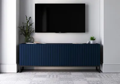 Produktbild von TV-Schrank Glamour RTV RTV-Schrank Elpis - Viertürig - Modern - Lindner Möbel - 150cm x 51,5cm x 36,5cm, Farbe: Marineblau matt Rahmen: Schwarz - Metall