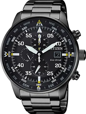 A close-up studio shot of a black Citizen Eco-Drive chronograph men's watch with a metal band.