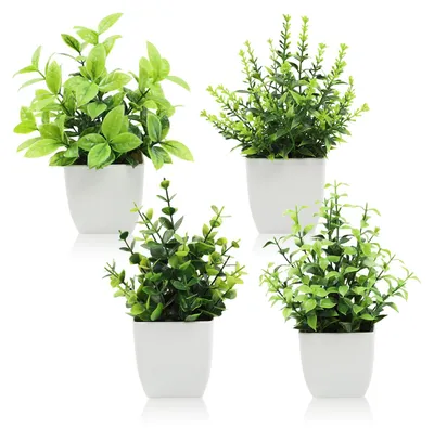 Künstliche Pflanzen Set 4er – Mini Kunstgrün in Töpfen, 18 cm