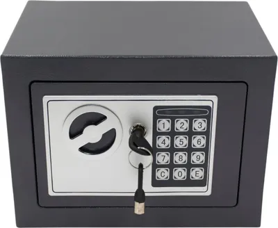 A black electronic safe with a silver keypad and keyhole is shown against a white background.