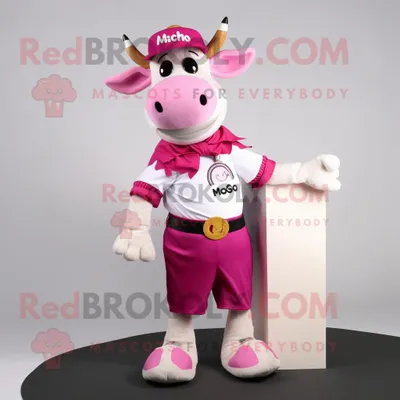 Produktbild von Magentafarbener REDBROKOLY Holsteiner Kuh Maskottchen Kostüm charakter bekleidet mit Chinos und Armbändern