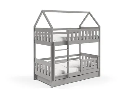Produktbild von Masseno Etagenbett ELENA 80x160 cm mit Schublade, Rausfallschutz, Kinderbett mit Leiter für Mädchen und Jungs, Stockbett 2 Kinder, Hausbett für Kinder, Holz, Hellgrau