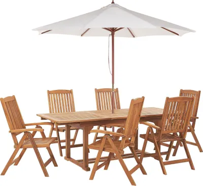 Produktbild von BELIANI Gartenmöbel Set mit Sonnenschirm Hellbraun Akazienholz 6-Sitzer 8-teilig Ausziehbarer Tisch Outdoor Garten Terrasse Balkon Ausstattung Möbel