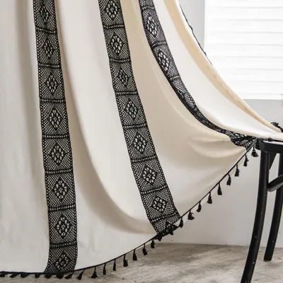 Produktbild von Vorhänge Boho Gardinen Baumwolle Leinen Line Hollow Blickdichte Schwarz 150*200cm (Durch den Poltyp)